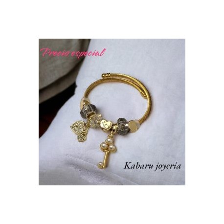 Pulsera charms acero inoxidable llave piedra negra