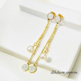 Aretes largos acero inoxidable piedra blanca
