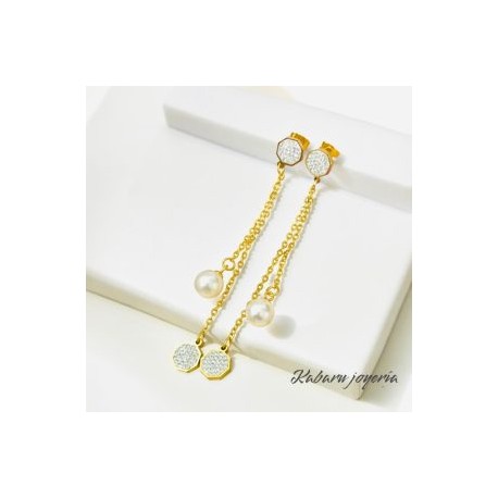 Aretes largos acero inoxidable piedra blanca