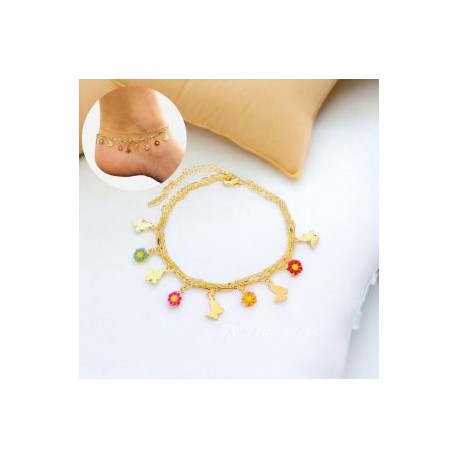 Tobillera girasoles mariposas chapa de oro 18k