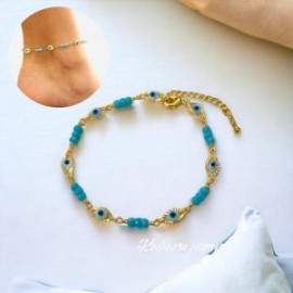 Tobillera ojitos piedra azul chapa de oro 18k