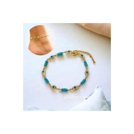 Tobillera ojitos piedra azul chapa de oro 18k