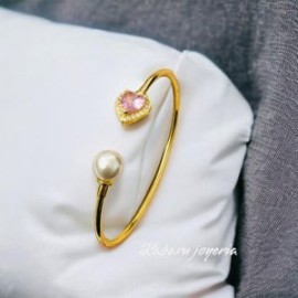 Pulsera corazon piedra rosa chapa de oro 18k
