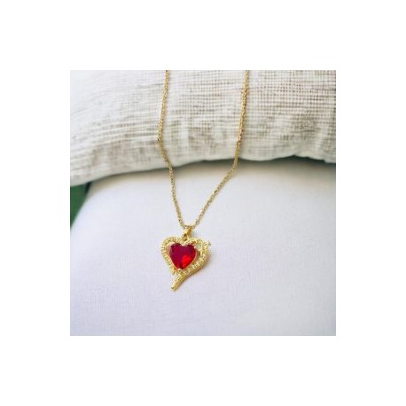 Collar dorado acero inoxidable corazon piedra roja