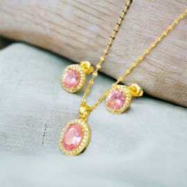 Conjunto dorado piedra rosa chapa de oro 18k