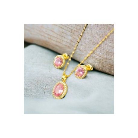 Conjunto dorado piedra rosa chapa de oro 18k