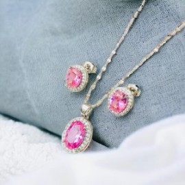 Conjunto color plata piedra rosa chapa de oro 18k