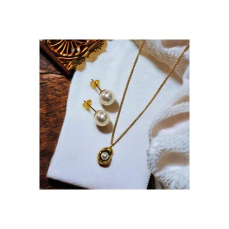 Conjunto dorado acero inoxidable perlas