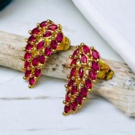 Aretes hoja piedra roja chapa de oro 18K