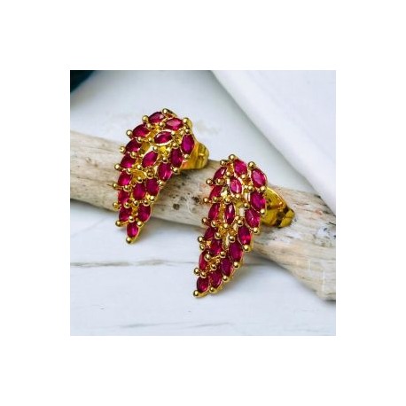 Aretes hoja piedra roja chapa de oro 18K