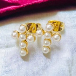 Aretes perla cruz chapa de oro 18K