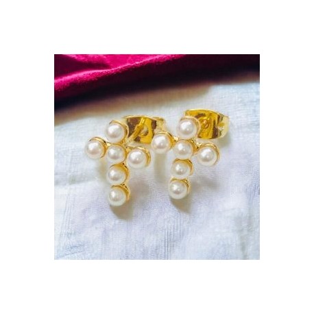 Aretes perla cruz chapa de oro 18K
