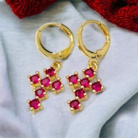Aretes cruz piedra roja chapa de oro 18K