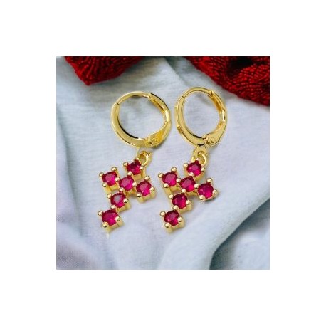 Aretes cruz piedra roja chapa de oro 18K
