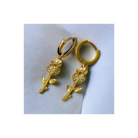 Aretes flor perla chapa de oro 18K