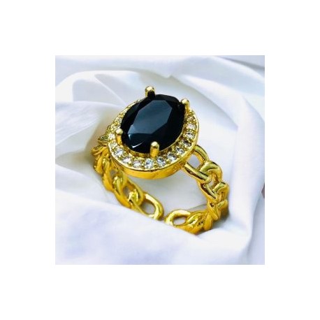 Anillo ajustable píedra negra chapa de oro 18K