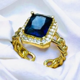 Anillo ajustable píedra cuadro azul chapa de oro 18K