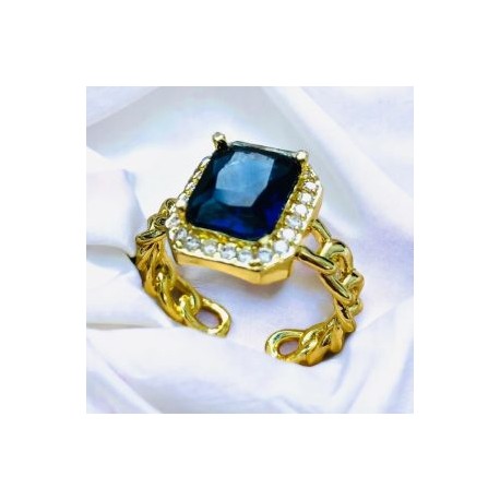 Anillo ajustable píedra cuadro azul chapa de oro 18K