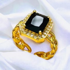 Anillo ajustable píedra cuadro negro chapa de oro 18K