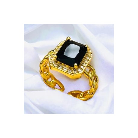 Anillo ajustable píedra cuadro negro chapa de oro 18K