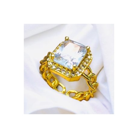 Anillo ajustable píedra cuadro blanco chapa de oro 18K