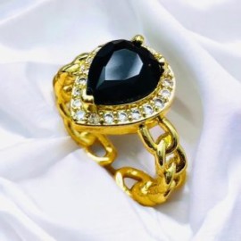 Anillo ajustable píedra oval negra chapa de oro 18K