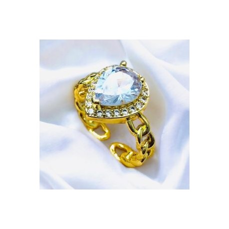 Anillo ajustable píedra oval blanca chapa de oro 18K