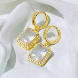 Aretes cuadro piedra blanca chapa de oro 18K
