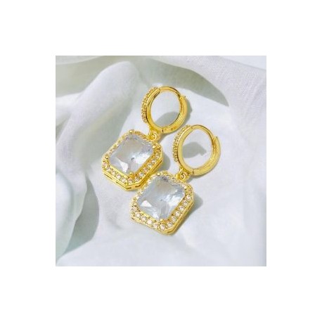 Aretes cuadro piedra blanca chapa de oro 18K