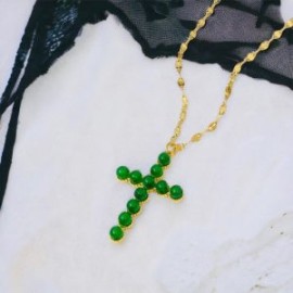 Collar dorado acero inoxidable cruz perla verde
