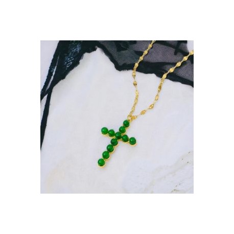Collar dorado acero inoxidable cruz perla verde