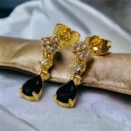 Aretes piedra negra chapa de oro 18K