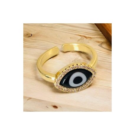Anillo ajustable ojo turco negro chapa de oro 18k