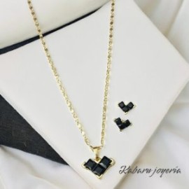 Conjunto dorado corazon piedra negra chapa de oro 18k