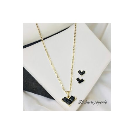 Conjunto dorado corazon piedra negra chapa de oro 18k