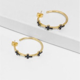 Arracadas cruz piedra negra chapa de oro 18k