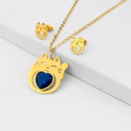 Conjunto gatito corazón azul acero inoxidable