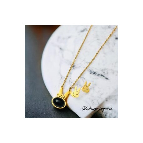 Conjunto conejo piedra negra acero inoxidable
