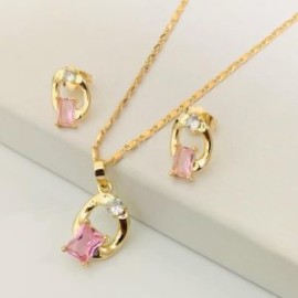 Conjunto corazón piedra rosa chapa de oro18K