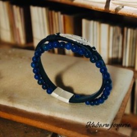 Pulsera caballero cuero azul pluma plata