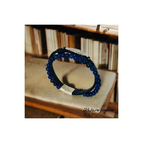 Pulsera caballero cuero azul pluma plata