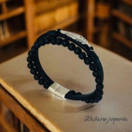 Pulsera caballero cuero negro pluma plata