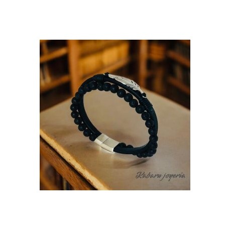 Pulsera caballero cuero negro pluma plata