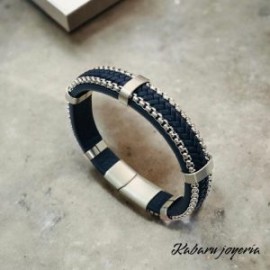 Pulsera caballero borde plata cuero azul