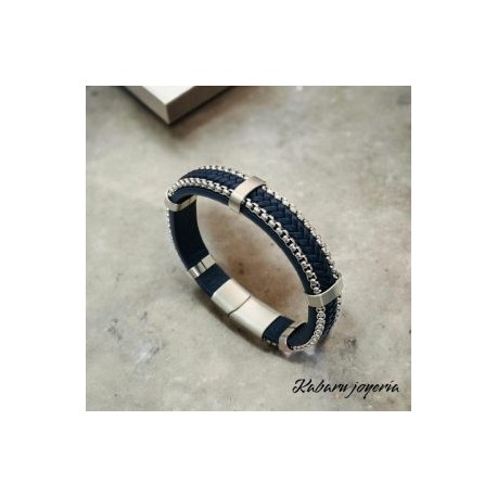Pulsera caballero borde plata cuero azul