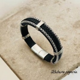 Pulsera caballero borde plata cuero negro