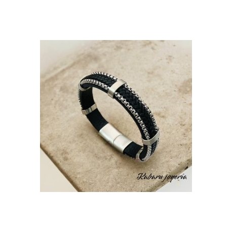 Pulsera caballero borde plata cuero negro
