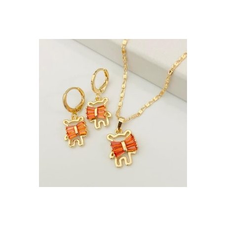 Conjunto osito piedra roja chapa de oro 18K