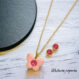 Conjunto acero inoxidable mariposa rosa piedra lila