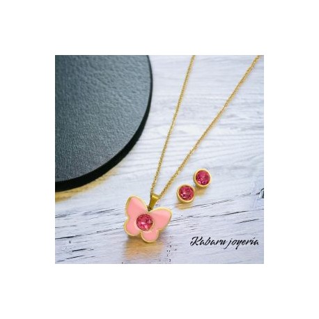 Conjunto acero inoxidable mariposa rosa piedra lila